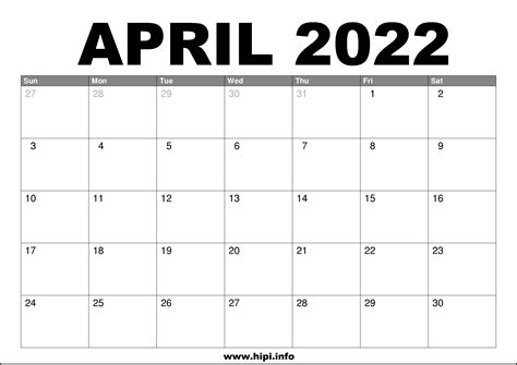 April 2022 Calendar Wiki
